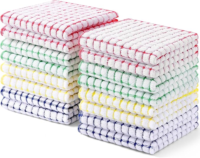 Kitinjoy Cotton 16 Pack Terry Kitchen Dish Cloths, Mixed Color | 12 x 12 Inches Super Soft and Absorbent Dish Rags, Quick Drying Dish towels for Washing Dishes by Kitinjoy