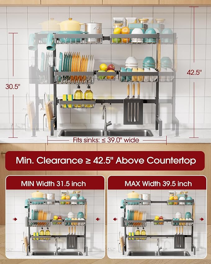 Sakugi Over The Sink Dish Drying Rack - Adjustable 3 Tier XX-Large Capacity Stainless Steel Drainer with Cutlery & Utensil Holders, Kitchen Storage & Organization, 31.5"-39.5"L x 12"W x 30.5"H, Gray - Image 3
