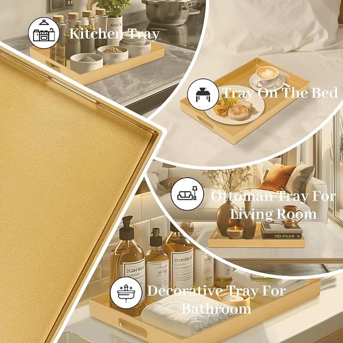 Gold Decorative Tray for Coffee Table, Serving Tray with Handles | Plastic Melamine Tray, Modern Ottoman Tray, Rectangular Countertop Organizer Tray for Living Room, 15.8"L x 10.2"W x 1.4"H - Image 7
