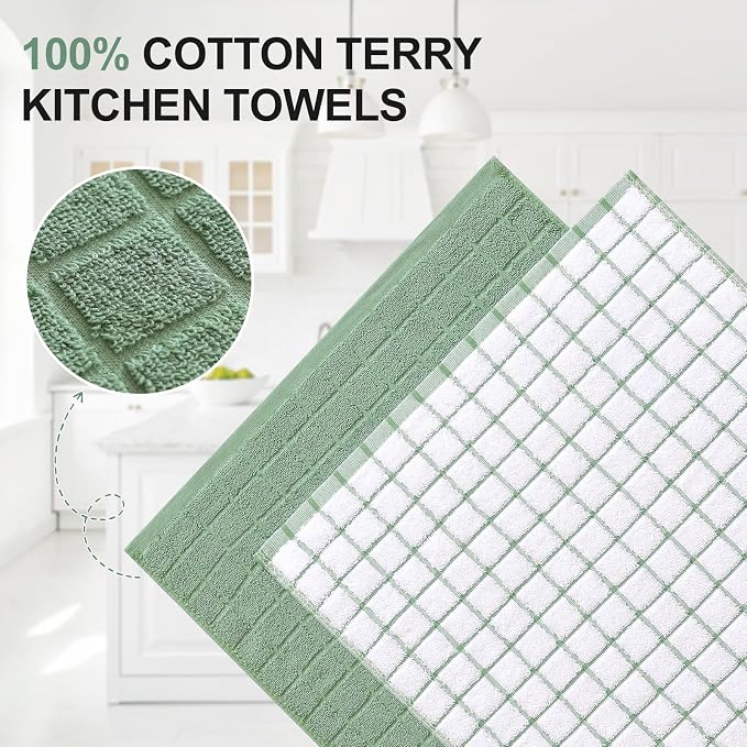 Homaxy Large Premium Cotton Kitchen Towels 16"x 28", 8 Pack, Grass Green | Natural Ring Spun 390 GSM Dish Towels, Super Absorbent Terry Kitchen Hand Towels, Soft Tea Towels with Hanging Loop - Image 2