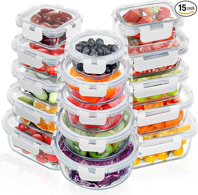 VERONES 30 Pieces Glass Food Storage Containers Set with Lids, White | Stackable Glass Meal Prep Containers Set with Lids, Airtight Lunch Containers, for Microwave, Oven, Freezer & Dishwasher by VERONES