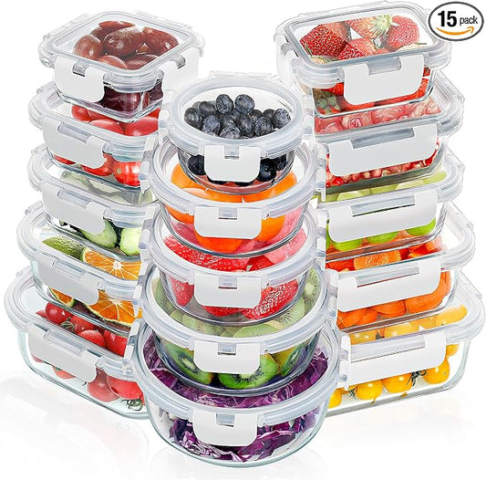 VERONES 30 Pieces Glass Food Storage Containers Set with Lids, White | Stackable Glass Meal Prep Containers Set with Lids, Airtight Lunch Containers, for Microwave, Oven, Freezer & Dishwasher by VERONES