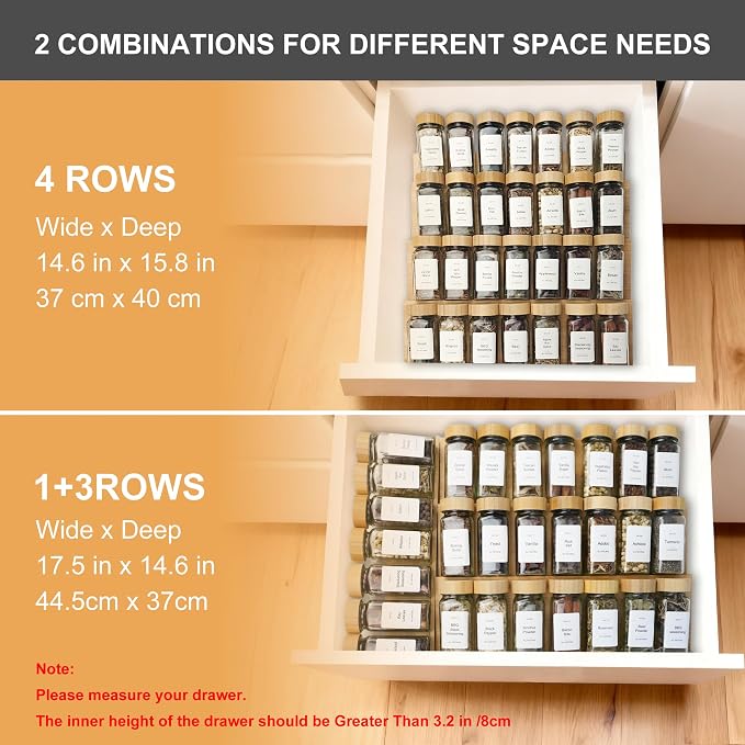 Spice Drawer Organizer with 35 Bamboo-lidded Spice Jars,216 Labels,25 Non-slip Rubber, Bamboo 4 Tier Seasoning Rack Tray Insert for Kitchen Drawers,Cabinets,Countertop,14.6" Wide x 15.8" Deep - Image 5