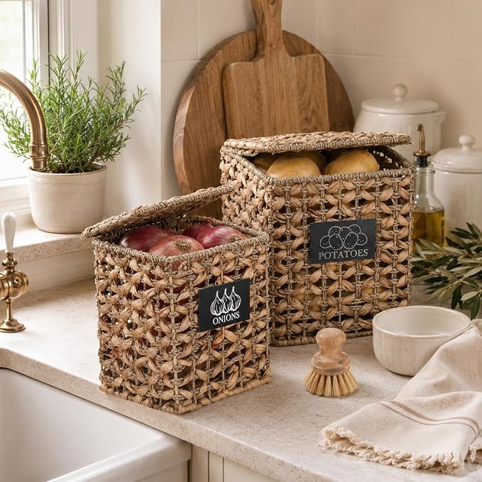 2 Pack Potato and Onion Storage Bin, Stackable Woven Basket with Lid, Vegetable Fruit Basket for Kitchen Counter, Produce Holder with Aerating Holes, Pantry Organizers and Storage, Metal - Image 5