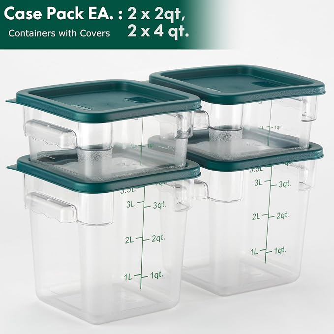 4-Pack Food Storage Containers with Green Lids - 2 Qt & 4 Qt Square Clear Polycarbonate - NSF Listed, Commercial Grade, Freezer & Dishwasher Safe, Stackable - Image 3