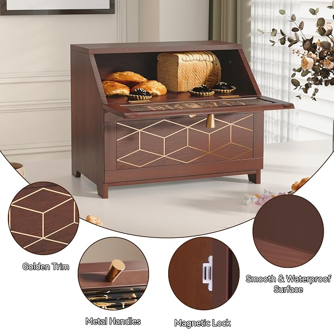 HOLTICO Double Layer Bread Box With Golden Trim for Countertop, Wooden Bread Container for Kitchen Counter, Corner Bread Storage, Brown - Image 4