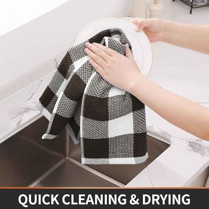Homaxy Kitchen Towels and Dishcloths Set, Set of 8, White & Dark Brown | Bulk Cotton Waffle Weave Check Plaid Kitchen Towels, Super Soft and Absorbent Dish Cloths, 12 x 12 and 13 x 28 Inches - Image 5