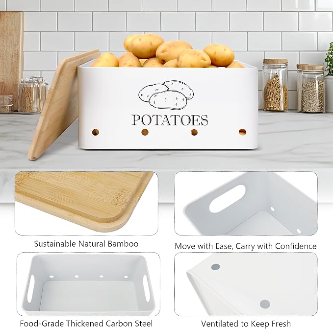 Kitchen Metal Vegetable Storage Bins,Metal Potato Onion Garlic Storage Set of 3 with Aerating Holes and Bamboo Lids,Farmhouse Canisters Sets for the Kitchen Countertop (1, Rectangular) - Image 4