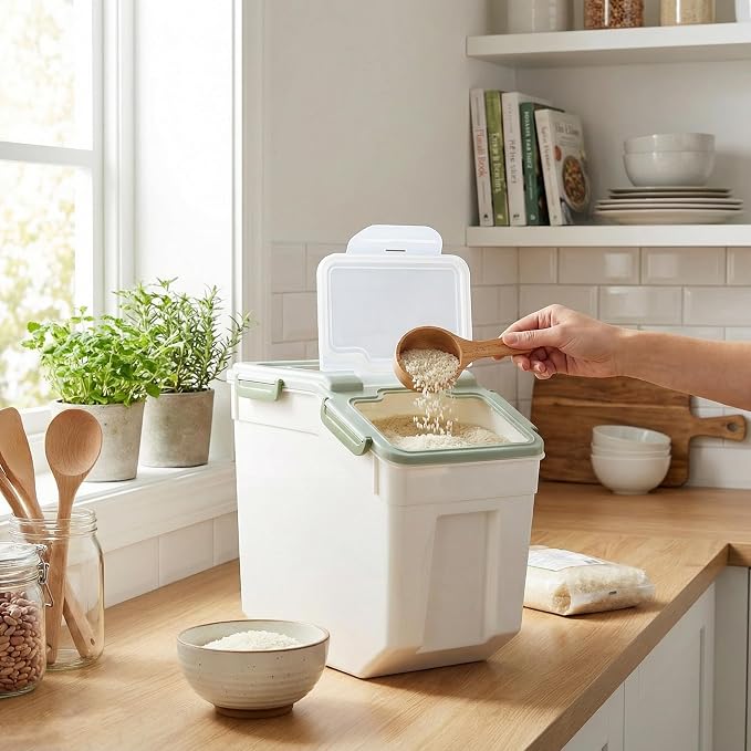 RUIAN Large Airtight Storage Container, 25lb Flour Rice Storage Containers Bin with Wheels Seal Locking Lid, with Measuring Cup&Scoop for Flour, Rice, Grain (Green, 2PCS) - Image 3