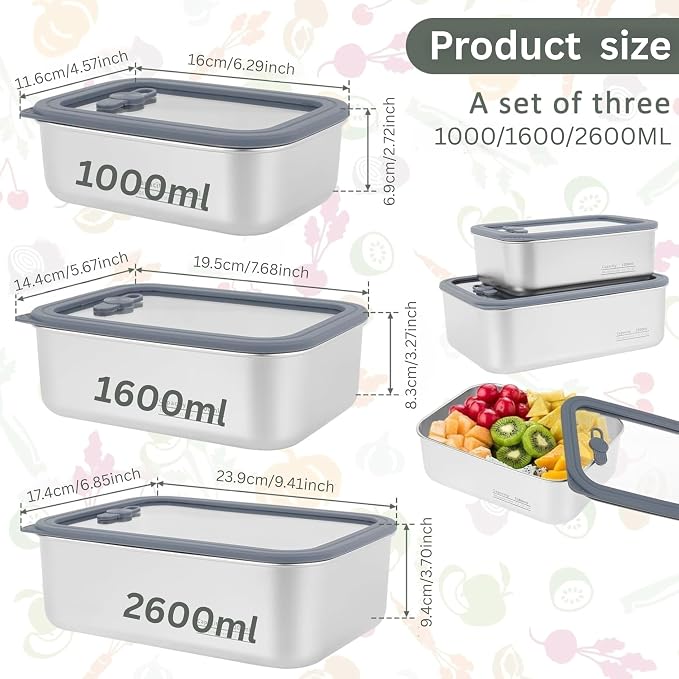 Stainless Steel Food Storage Containers-3Pcs Leakproof, Airtight Stainless-Steel Bowls with Lids, Freezer/Dishwasher/Microwave Safe Containers, Durable & Stackable Stainless Steel Containers with Lids - Image 2