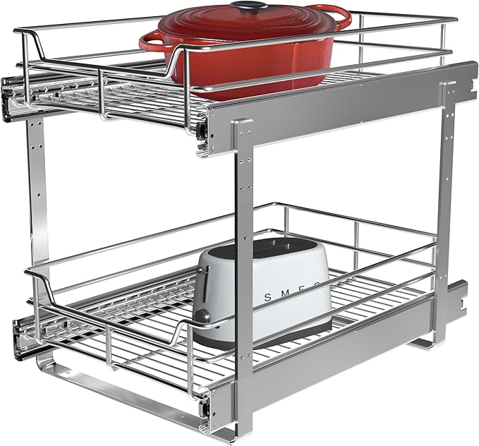 2-Tier Cabinet Pull Out Shelves, 11" W x 22" D, Chrome | Heavy-Gauge Wire Kitchen Cabinet Organizer, 100 lbs Capacity, Ball-Bearing Glides, Min 12" Opening, For Pantry Storage by JOWBOOW