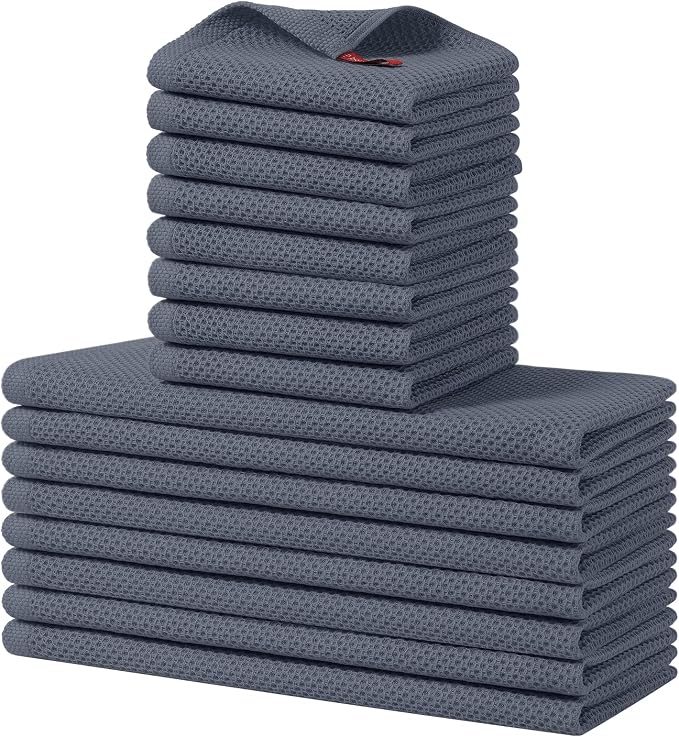 Homaxy 16 Pack 100% Cotton Kitchen Towels and Dishcloths Set, Dark Grey | 12 x 12 Inches and 13 x 28 Inches Kitchen Towels Set, Ultra Soft Absorbent Dish Cloths for Washing Dishes by Homaxy