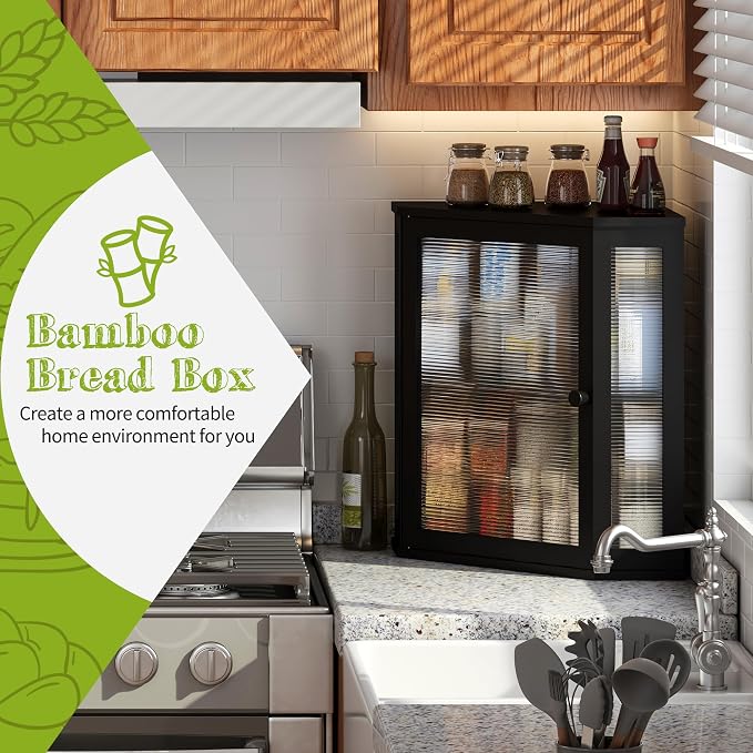 BMOSU Corner Bread Box for Kitchen Countertop Double Layer Bamboo Wooden Bread box Large Capacity Bread Storage Bin(Black, Extra Large) - Image 2