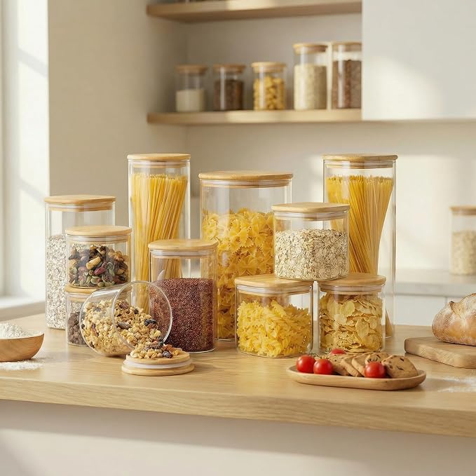 27 oz Square Glass Food Storage Containers with Airtight Bamboo Lids, 6Pack | Stackable Small Pantry Jars for Spices, Nuts & Seeds , 3mm Borosilicate Glass Canisters Keep Food Fresh, Easy to Fill & Clean - Image 2