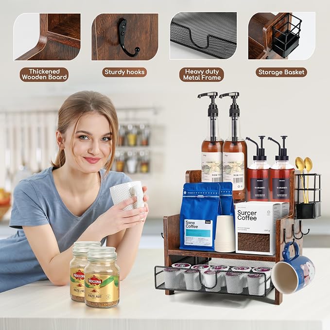 3-Tier Coffee Station Organizer for Countertop, Wood Coffee Bar Organizer with Drawer, Rustic Coffee and Tea Condiment Organizer, K-Cups Coffee Corner Organizer with 6 Hooks for Coffee Bar Accessories - Image 5