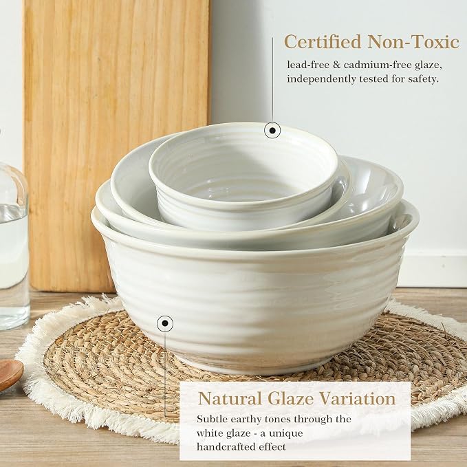 Hasense Porcelain Mixing Bowls, 2.8/2.1/1.0/0.5 Qt, Handmade Large Salad Serving Bowls for Kitchen, Deep Nesting Dishes for Cooking and Baking, Microwave Dishwasher Safe, Clay-Infused White - Image 5