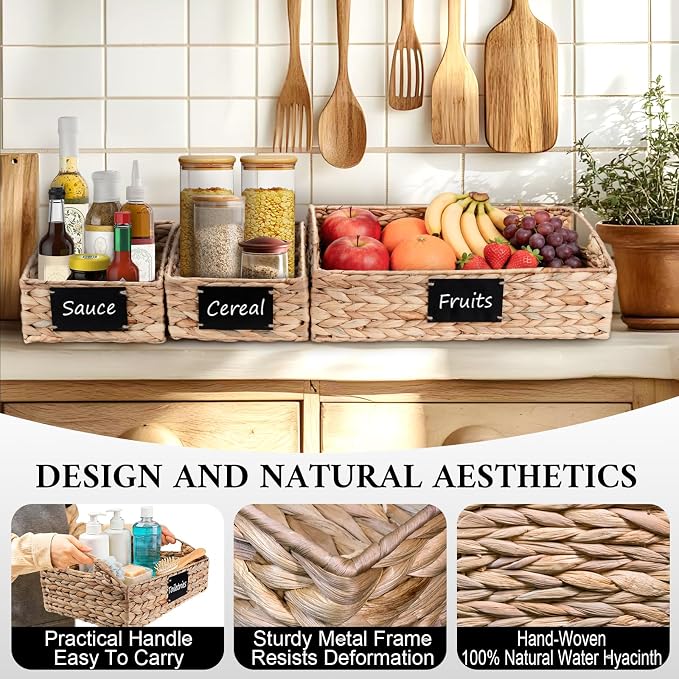 Hand-Woven Pantry Baskets for Organizing, Large Wicker Storage Baskets for Shelves with Labels, 2 Chalk Markers & Handles, 3 Pack Hyacinth Storage Bins for Pantry Kitchen Laundry Shelf - Image 5