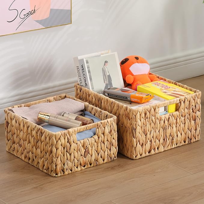 HOONEX Water Hyacinth Storage Baskets, Wicker Baskets for Organizing, Hand Woven Baskets with Carry Handles, Set of 2, Natural - Image 6