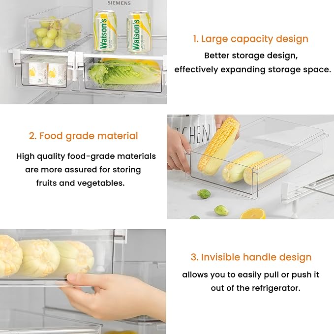Large Fridge Under Shelf Drawer, Pull Out Refrigerator Drawer Organizer Fridge Organizer Bins, Fridge Storage Container Holder for Produce, Deli Meat, Cheese, Bacon, Easy to Install-L - Image 4