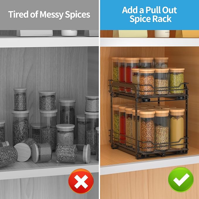 BOIVSHI Spice Rack, Pull Out Spice Racks Organizer for Cabinet, Height Adjustable Heavy Duty Metal Basket for Inside Cabinets & Pantry Closet (2 Tier,7.5''Wx10.5''Dx9.5''H) - Image 3