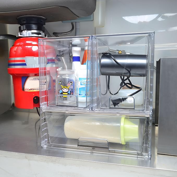 Wide Large Stackable Storage Drawers(2 Pack),Multi-purpose Clear Plastic Organizer Bins with Handles, Easy to Assemble for Bathroom Home Closet Under Sink Kitchen Pantry Medicine Cabinet - Image 9