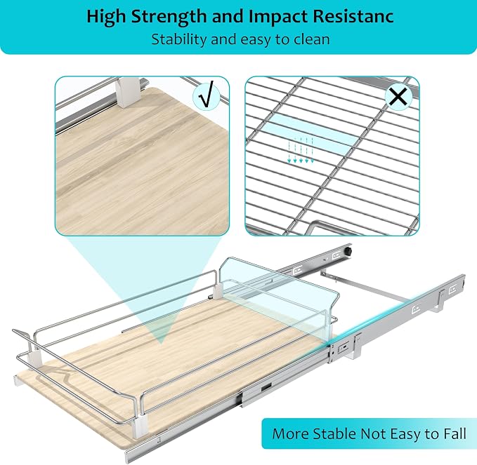 Pull Out Cabinet Organizer 10.87" W X 22" D, Wood & Chromed | Full Slide Out Drawers For Kitchen Cabinets, Cabinets Capacity Heavy Duty Caddy, Cabinet Pullout Shelves , Pantry Storage - Image 7