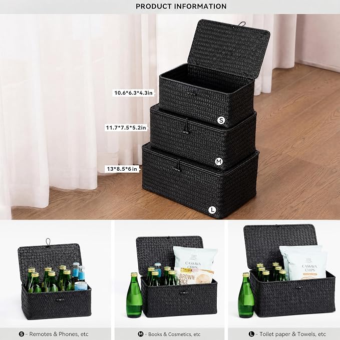 Nonam Storage Basket with Lid, Natural Seagrass Bin with Lid Set of 3, Shelf Baskets Multipurpose Container for Boho Decoration, Rectangular Household Storage Boxes for Home Organization-Black - Image 2