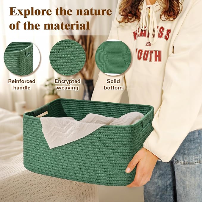 4 Pack Large Storage Basket for Organizing, 17.5"x13"x7" Woven Basket for Shelves, Closet Cube Storage Bins with Wrapped Handle, Cotton Rope Baskets for Kitchen, Clothes, Toys(Green) - Image 3