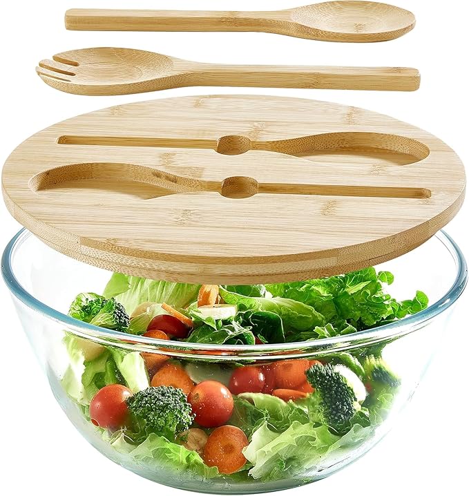 Glass Salad Bowl With Lid, 4.7 Quart Large Glass Mixing Bowls Serving Bowls With Bamboo Utensils, 10.7Inch Trifle Bowl for Salad, Pasta, Dessert Display Cake, Microwave Safe by ECWAY
