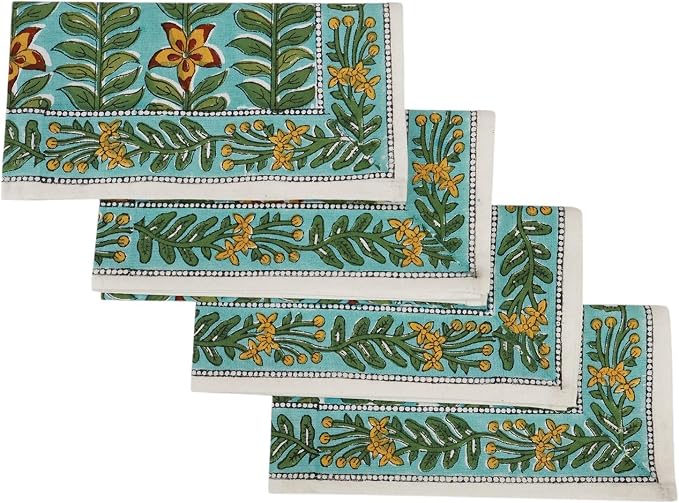 14x14 Inches Cotton Napkins Set of 4, Yellow Green, Washable Hand Block Printed Reusable Cloth Napkins for Dinning, Party, Wedding, Home Decor Fall - Image 3