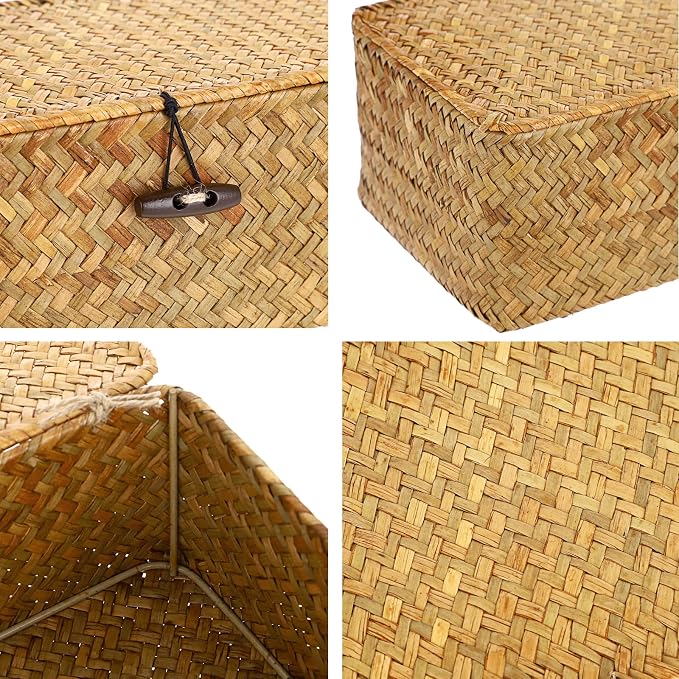 Hipiwe Wicker Shelf Baskets Bin with Lid Woven Seagrass Storage Box, Large | Decorative Basket Organizer Rectangular Household Basket Boxes for Shelf Wardrobe Home Decor, Caramel - Image 3