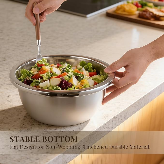 3-Piece Metal Mixing Bowl Set, Stainless Steel, Nesting | 1.3, 3.5 and 7.4 qt sizes with wide rolled rims, flat bases and deep bowls for baking, dough and salad prep - Image 3