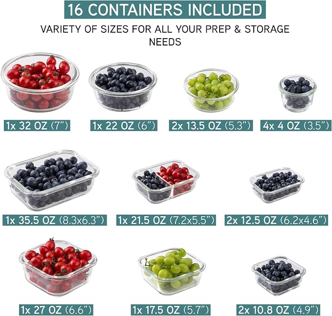 COOK WITH COLOR Premium 32-Pc. Borosilicate Glass Food Container Set with Dividers - 4 Rectangles, 8 Rounds, 4 Squares - Leakproof Lids - Meal Prep, Storage, Ombre Blue - Image 3