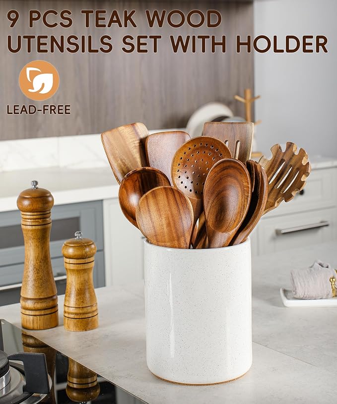 Wooden Cooking Utensils Set with Ceramic Holder,Teak Wood Utensils 10pcs | Holder for Countertop with Protection Cork Bottom,Nonstick Spoons, Cooking Spatula Set,Kitchen Decor, (Sand) - Image 2