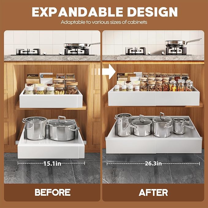 Seinloes 2 Pack Pull Out Cabinet Organizer for Wide Cabinets,Expandable 15.1"-26.3" Width,21" Deep Slide Out Drawers With Raising Pad for Framed Cabinets,3 Slide Rails,No Drill Roll Out Shelves,White - Image 2