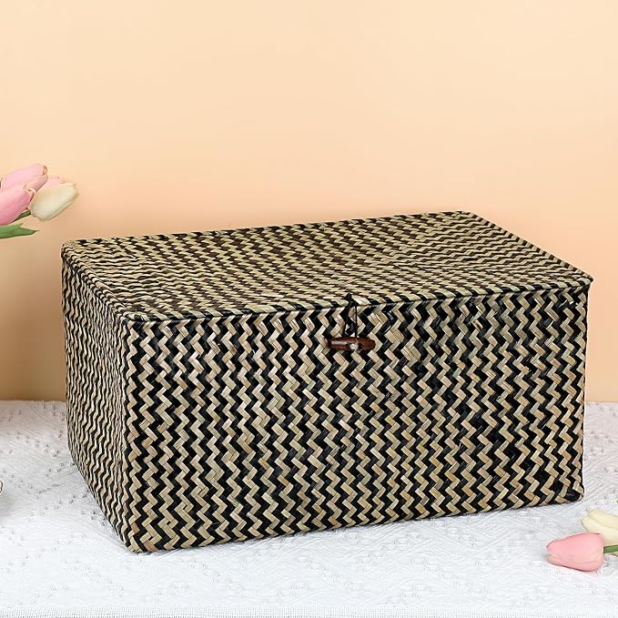 Hipiwe Wicker Shelf Baskets Bin with Lid, Handwoven Seagrass Basket Storage Bins Rectangular Household Basket Boxes for Shelf Wardrobe Home Organizer, Black,X-Large - Image 3