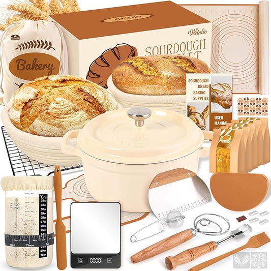 Sourdough Starter Kit Complete Set with Dutch Oven and Scale | 9" Round & 10" Oval Proofing Baskets, Sourdough Bread Baking Supplies, Beginner Kit Gifts for Bakers Women Wife Mom by Unknown