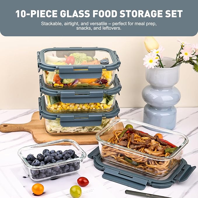 Liuruiyu 10 Pack Glass Food Storage Containers with Glass Lids, Airtight Meal Prep Containers, Leak-Proof Bento Boxes for Microwave, Oven, Freezer & Dishwasher, BPA-Free - Image 3
