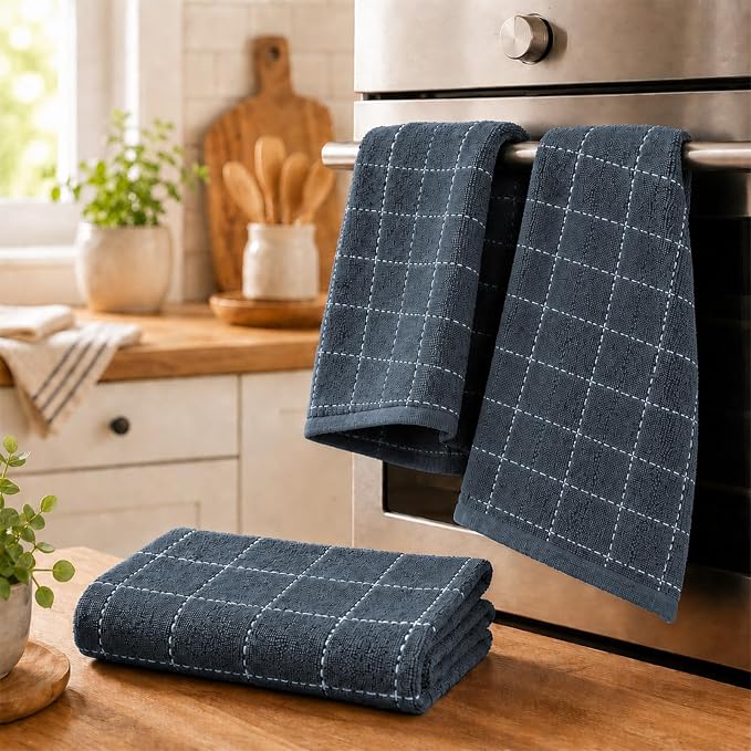 Kitinjoy 100% Cotton Terry Kitchen Towels, 13”x 28”, 8-Pack, Dark Grey | Checkered Designed, Ultra Soft Absorbent Quick Drying Dish Towels - Image 7