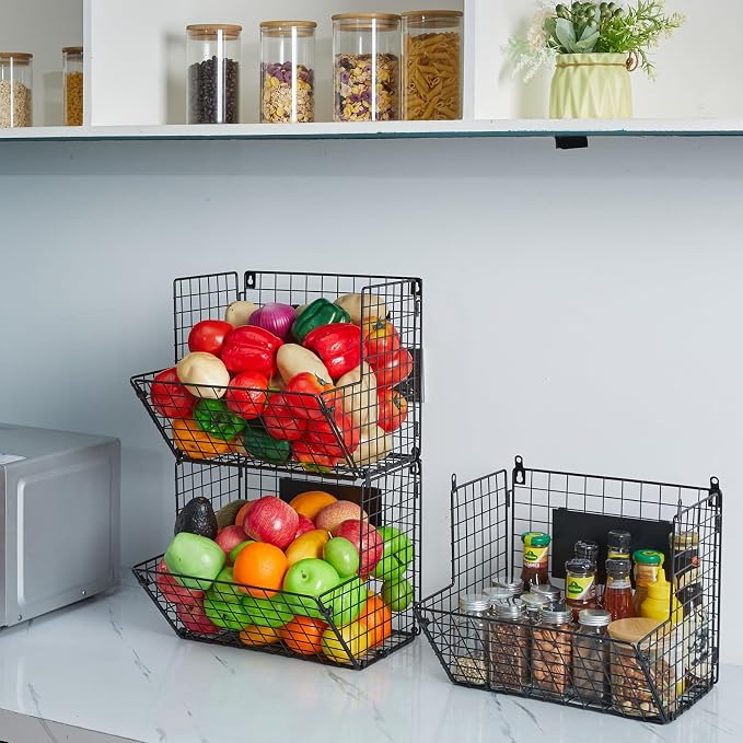 X-cosrack Metal Wire Basket Wall Mount, 3 Tier Wall Storage Basket Organizer with Hanging Hooks Chalkboards, Rustic Kitchen Fruit Produce Bin Rack Bathroom Tower Baskets (Black) - Image 6