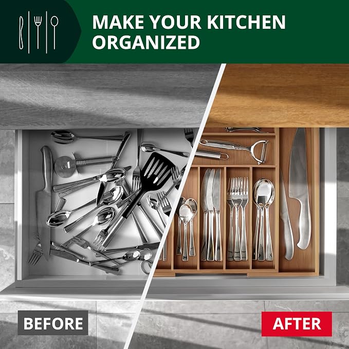 ROYAL CRAFT WOOD Luxury Bamboo Kitchen Drawer Organizer - Silverware Organizer - Utensil Holder and Cutlery Tray with Grooved Drawer Dividers for Flatware and Kitchen Utensils (9 Slot, Brown Bamboo) - Image 6