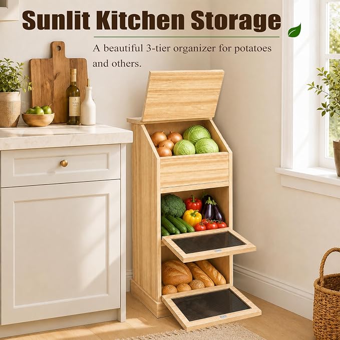 Potato and Onion Storage Bin with Lid, 3-Tier Vegetable Storage, Wooden Rustic Bread Box Cabinet for Fruit and Vegetable, Food Storage Containers Cabinet for Kitchen Pantry (Oak) - Image 2