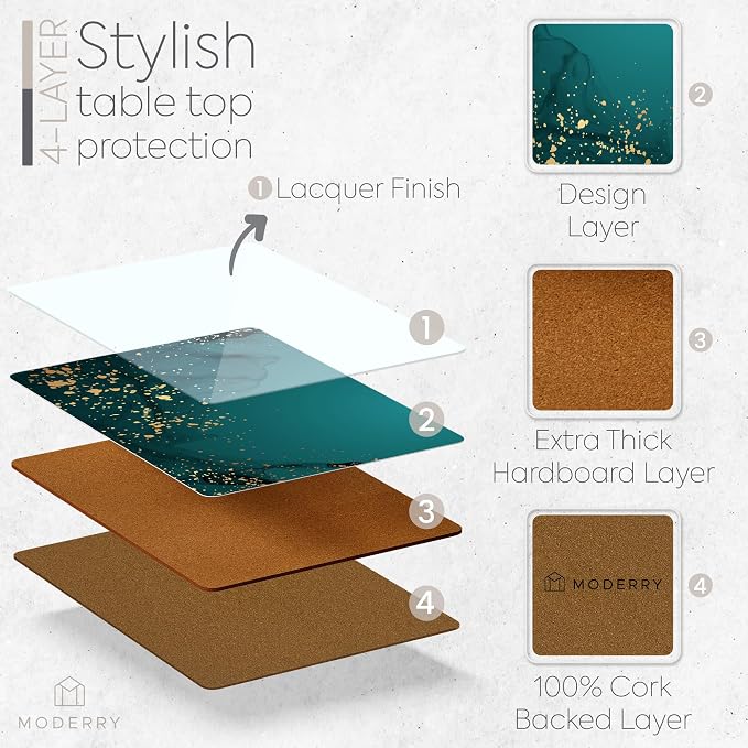 Set of 4 Heat Resistant Cork Placemats for Dining Table with Free Set of 4 Matching Drink Coasters Deep Green and Gold Design 16 x 12 Inches Cork Backed Hard Placemats (Green Serenity) - Image 3