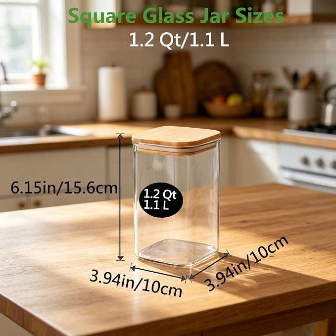 VIEWELLD 1.2 Qt Square Glass Storage Containers with Lids, glass jar with airtight lid, Glass Canister for Pantry Cookie Cereal Rice Sugar Tea Coffee Beans Spice, Square Set of 4 - Image 2
