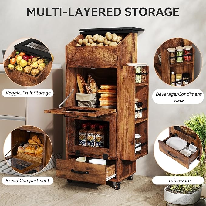 Verano Garden 16.0" Potato and Onion Storage Bin on Wheels, Bread Box | Fruit and Vegetable Organizer, Rolling, Side Rack, Flip-top, Mesh Doors, 4-Tier, Grocery Section, Ventilated, Wood, Kitchen - Image 3