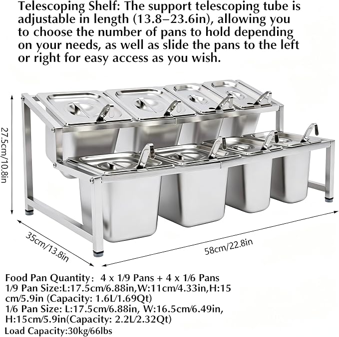 Telescoping Pizza Topping Station Condiment Container Food Prep Holder | 8 Pans & Spoons, Stainless Steel Container Set Ingredients Holder Spice Rack for Kitchen Buffet Pizza Oven Accessories - Image 4