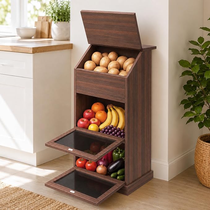 Potato and Onion Storage Bin with Lid, 3-Tier Vegetable Storage, Wooden Rustic Bread Box Cabinet for Fruit and Vegetable, Food Storage Containers Cabinet for Kitchen Pantry(Walnut) by Unknown