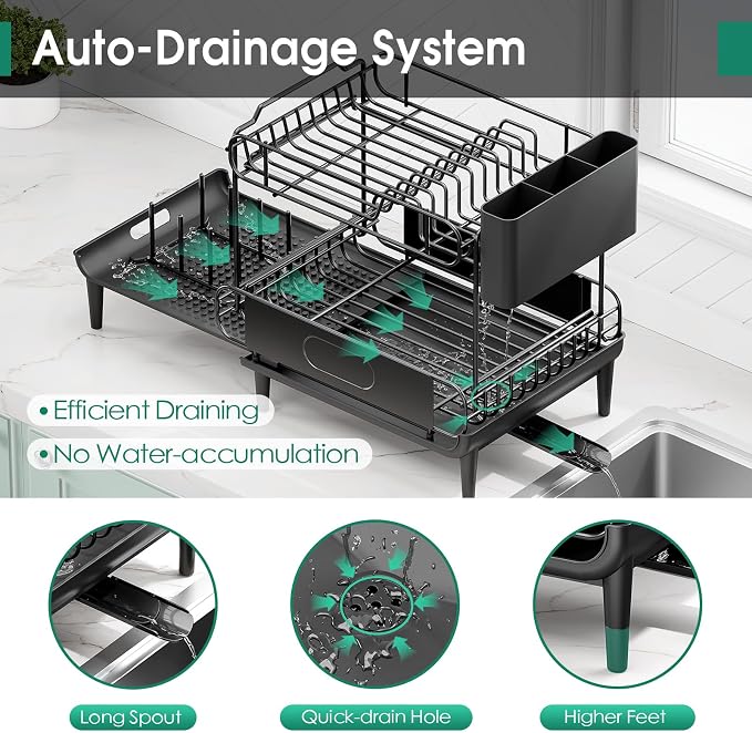 Urackify Dish Drying Rack for Kitchen Counter, Expandable 2 Tier Dish Rack, Large Capacity Dish Drainer with Drainboard Multifunctional Dish Strainer with Removable Cutlery Holder Black | 2 Tier. Expands from 16.9 to 26.6 inches to fit more dishes, wit... - Image 5