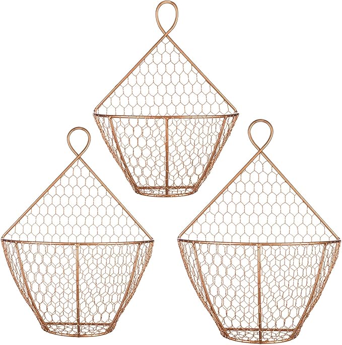 MyGift Set of 3, Farmhouse Copper Metal Wire Mesh Wall Hanging Baskets, Wall-Mounted Storage Basket, Decorative Kitchen Fruit Wall Basket Produce Holder - Image 5