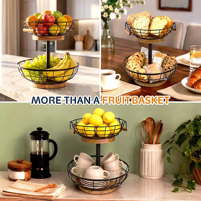 2 Tier Fruit Basket with Banana Hanger, Metal Fruit Bowl Stand with Wooden Base, Kitchen Counter Fruit Organizer for Vegetables, Bread, Snacks Storage Basket - Image 3